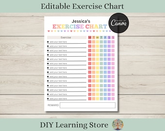 Editable Exercise Chart for Kids - Behavior Tracking Chart - Reward Chart - Habit Tracker - Canva Template