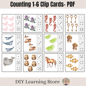 May include: Counting 1-6 Clip Cards - PDF. A set of printable clip cards featuring various images, including butterflies, narwhals, deer, limes, puppies, seahorses, keys, hedgehogs, horses, and fish. Each card has a set of blank circles for counting.