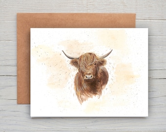 Highland Kuh Karte, Highland Kuh Aquarell Karte, Highland Kuh Karte, Highland Kuh Grußkarte, Süße Kuh Karte, Native Cow