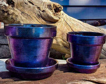 Color Shift Terracotta Plant Pot: Succulent Planter with Saucer, Blue/Purple Sparkle