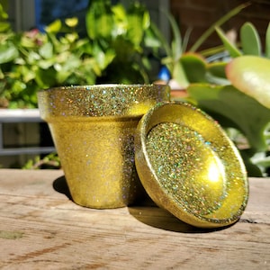 May include: A gold glitter planter with a matching saucer. The planter is made of terracotta and has a speckled finish.