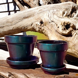 May include: Two iridescent purple and green ceramic plant pots with matching saucers. The pots are sitting on a piece of weathered driftwood.