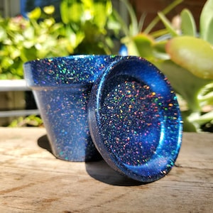 Holographic Terracotta Plant Pot with Saucer: Shimmering Blue Planter