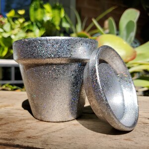 May include: A silver glitter planter with a matching saucer. The planter has a smooth, shiny finish and is perfect for adding a touch of sparkle to your home decor.