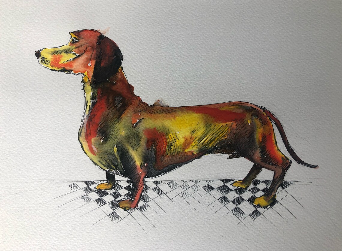 Watercolour Ink Sausage Dog Original Art Etsy