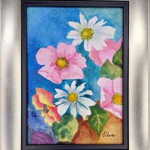 Pink, White & Purple Flowers 5&quot;x7&quot; Original Signed Watercolor by Olva, Created Using Professional Artist Grade Materials, Gold Colored Frame