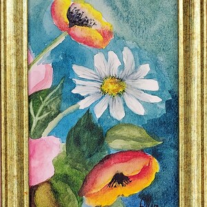 Daisies & Poppies, 5&quot;x7&quot; Original Signed Watercolor by Olva, Created Using Professional Artist Grade Materials, Bright Gold Colored Frame,
