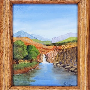 Distant Waterfall, 4&quot;x5&quot; Original Signed Miniature Oil Painting by Olva, Created Using Professional Artist Grade Materials, Wood Frame