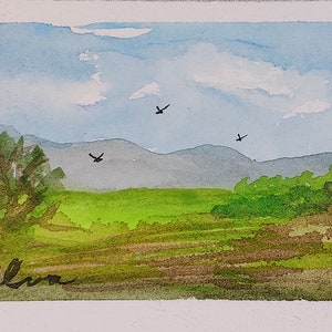 Highland Farm, Artist Trading Card/ACEO Size/Small Art, Original Signed Watercolor Painting on Professional Materials by Olva