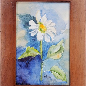 Single Daisy, 4&quot;x6&quot; Original Signed Watercolor by Olva, Created Using Professional Artist Grade Materials, Wood Frame
