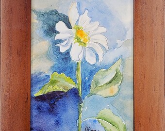 Margarita única, 4"x6" Acuarela original firmada por Olva, creada con materiales de grado de artista profesional, marco de madera