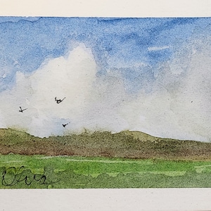Rolling Hills Landscape, Artist Trading Card/ACEO Size/Small Art, Original Signed Watercolor Painting on Professional Materials by Olva
