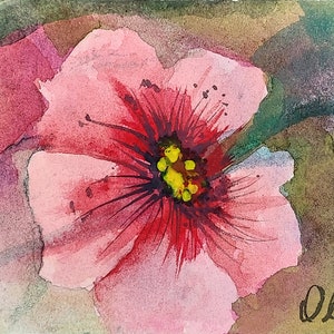 Pink Blossom, Artist Trading Card/ACEO Size/Small Art, Original Signed Watercolor Painting on Professional Materials by Olva