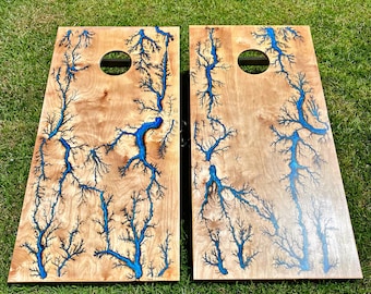 Resin filled fractal burned cornhole boards