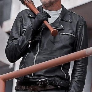 May include: A black leather motorcycle jacket with a zipper closure and multiple pockets. The jacket has a white lining and a belt with silver buckles. A person is holding a wooden baseball bat with barbed wire wrapped around it.