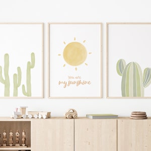 Neutral Sonne Kaktus 3er Set Aquarell Kinderzimmer Wand Kunst druckbare Gender Neutral Poster Wüste Art Print Kind Spielzimmer Wand Dekor Pflanze