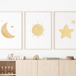 Printable Moon Sun Star Nursery Wall art Set of 3, Printable wall art for kids, Gender Neutral Print, Nursery Room Decor, Warm Watercolor