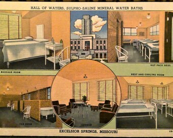 Postcard, Hall of Waters, Sulpho-Saline Mineral Water Baths, Exelsior Springs, MO