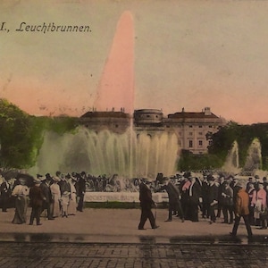 Carte postale, RPPC, fontaine lumineuse autochrome, Vienne Autriche, vers 1908