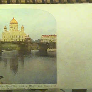 RPPC Autochrome Postcard Great Stone Bridge over the Moskva River and Church of our Savior, Moscow, Russia ca 1908