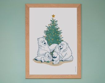 May include: A framed illustration of a family of polar bears gathered around a Christmas tree decorated with gold ornaments. The bears are smiling and appear to be enjoying the holiday season.