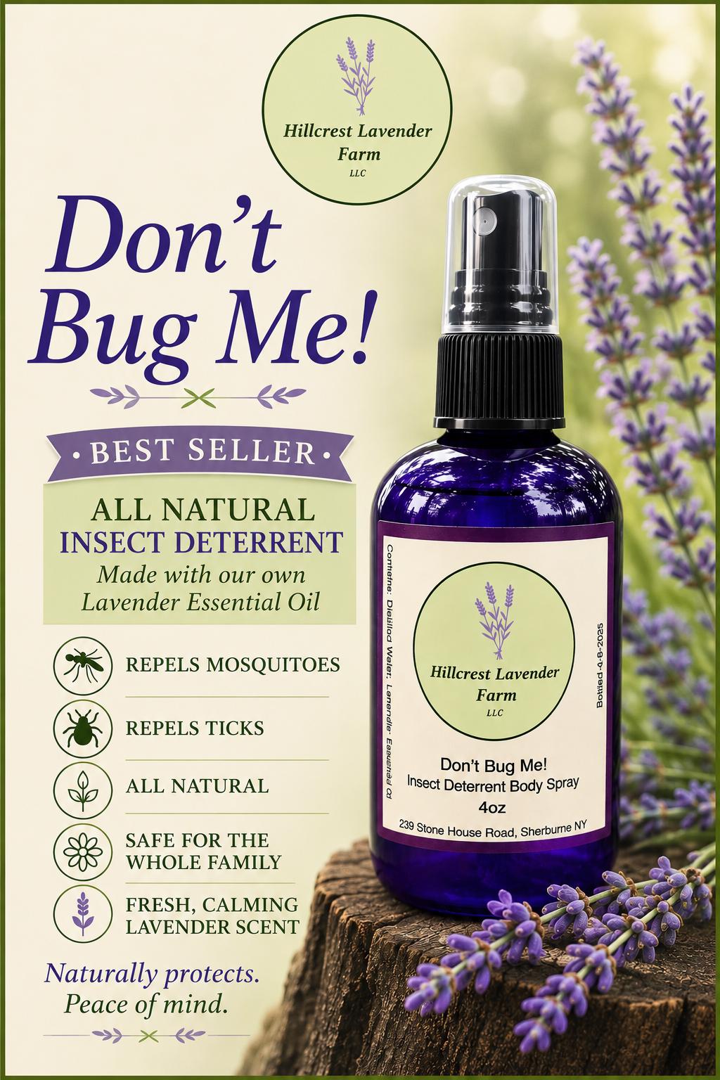 All Natural "Don't Bug Me" Lavender Bug Deterrent Body Spray, Repels Mosquitoes, Ticks
