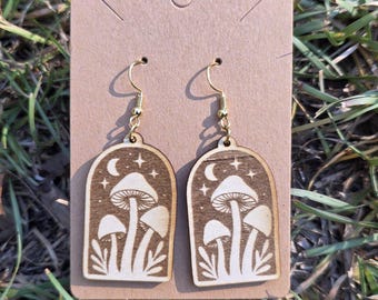 Mushroom Forest Wood Earrings | Laser Engraved Mushroom Moon Arch Dangles, Cottagecore Jewelry