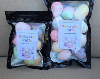 May include: Two black resealable pouches containing pastel-colored freeze-dried candy. The labels read The Wayward Wildflower, Saltwater Puffs, Freeze-Dried Candy, with one marked 6 Pack and the other 12 Pack, featuring images of the candy.