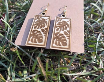 Monstera Leaf Wood Earrings | Laser Engraved Wooden Rectangle Dangles, Plant Lover Jewelry