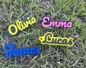 May include: Four custom name tags featuring the names Olivia in yellow, Emma in pink, Lucas in yellow, and James in blue. Each tag has a black base with a small hole on the left side for attachment, displaying the names in a cursive font.
