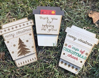 Wooden Gift Card Holder Ornament | Laser Engraved Coffee Cup Gift Card Holder, 3 Designs