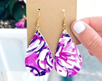 Purple and Pink Lilly inspired dangle earrings gold hypoallergenic hooks