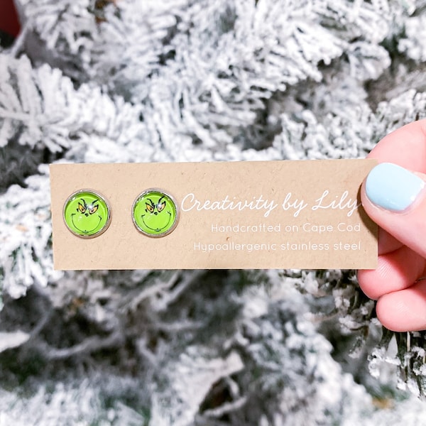 Green Grinch Christmas stud earrings