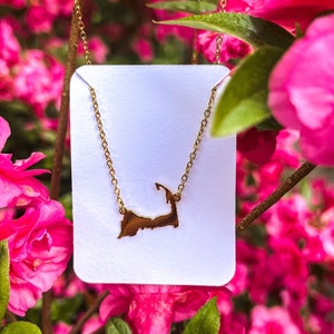 May include: A gold necklace with a pendant shaped like the island of Martha's Vineyard. The necklace is displayed on a white card against a background of pink flowers.