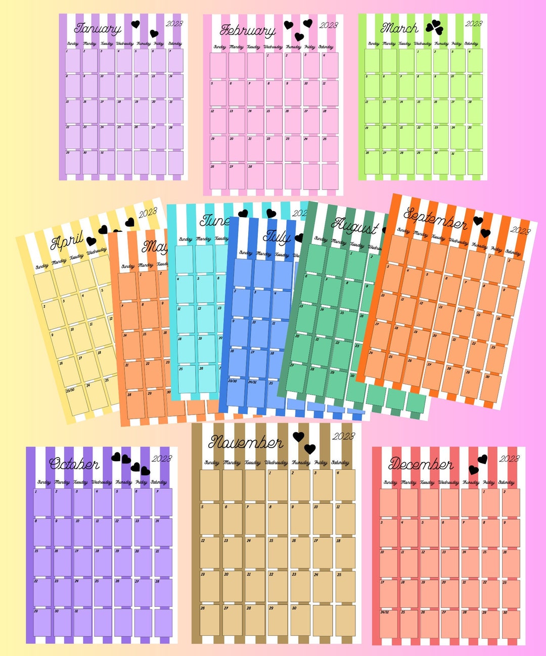 2023 12 month printable calendar personal calendar cute etsy