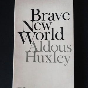 Op de afbeelding: Een paperback boek getiteld "Brave New World" van Aldous Huxley. De omslag is gebroken wit met de titel in grote zwarte letters en de naam van de auteur in grijs. Het is een Perennial Classic.