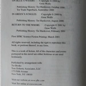 Puede incluir: Una p&aacute;gina impresa de un libro con t&iacute;tulos como "ON BLUE'S WATERS" e "IN GREEN'S JUNGLES", informaci&oacute;n de derechos de autor e historial de publicaci&oacute;n. La p&aacute;gina tambi&eacute;n incluye la direcci&oacute;n y el sitio web del editor.