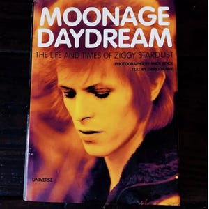 May include: A book cover with a close-up image of David Bowie, with the title "Moonage Daydream: The Life and Times of Ziggy Stardust" in white text on a purple background. The book cover also includes the text "Photographs by Mick Rock" and "Text by David Bowie".