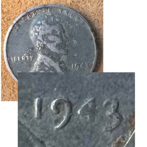 May include: Close-up of a 1943 Lincoln penny with the date clearly visible. The coin is made of copper and has a brown patina.