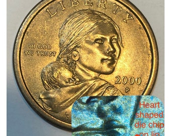 Rare 2000 P Sacagawea Dollar with Heart Shaped Die Chip on Lip!