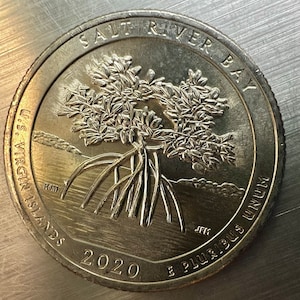 May include: A silver US quarter dollar coin with the inscription "Salt River Bay, U.S. Virgin Islands" and "E Pluribus Unum" around the edge. The coin features a depiction of a mangrove tree with the year 2020 below.