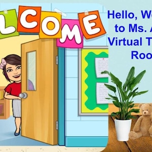 Può includere: Un'immagine di un cartone animato di una donna in piedi in una porta con le parole "WELCOME" sopra di lei. Il testo "Hello, Welcome to Ms. Alex's Virtual Therapy Room!" è sul lato destro dell'immagine. C'è una pianta, una sedia e un orsacchiotto nella stanza.