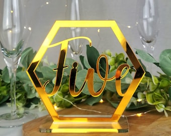 Mirror Acrylic Table Numbers, Gold Hexagon Wedding Table Numbers, Rose Gold, Silver, Gold