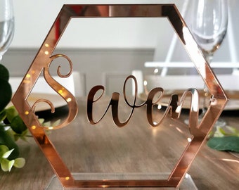Mirror Acrylic Table Numbers, Rose Gold Hexagon Wedding Table Numbers, Rose Gold, Silver, Gold