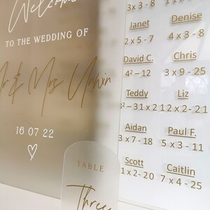 May include: A white acrylic sign with gold lettering that says "Welcome to the Wedding of Mr. & Mrs. Unwin" with the date "16 07 22" and a heart symbol. The sign also has a seating chart with names and table numbers. A small clear acrylic table number sign with gold lettering that says "Table Three" is in the foreground.