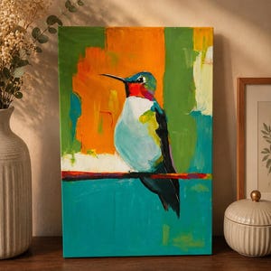 Original Hummingbird Acrylic Painting, Abstract Colorful Bird Wall Art, Textured Canvas