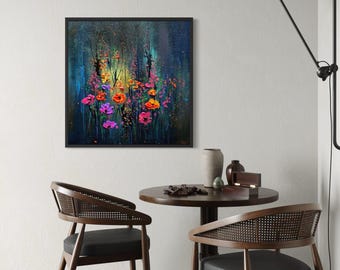 Original Impasto Floral Painting, Moody Neon Botanical Wall Art
