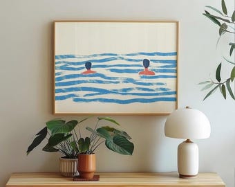 Dipinto originale di nuotatori in acrilico su tela, opera d'arte minimalista dipinta a mano raffigurante l'oceano, decorazione murale moderna con onde blu e texture, regalo unico per la spiaggia.