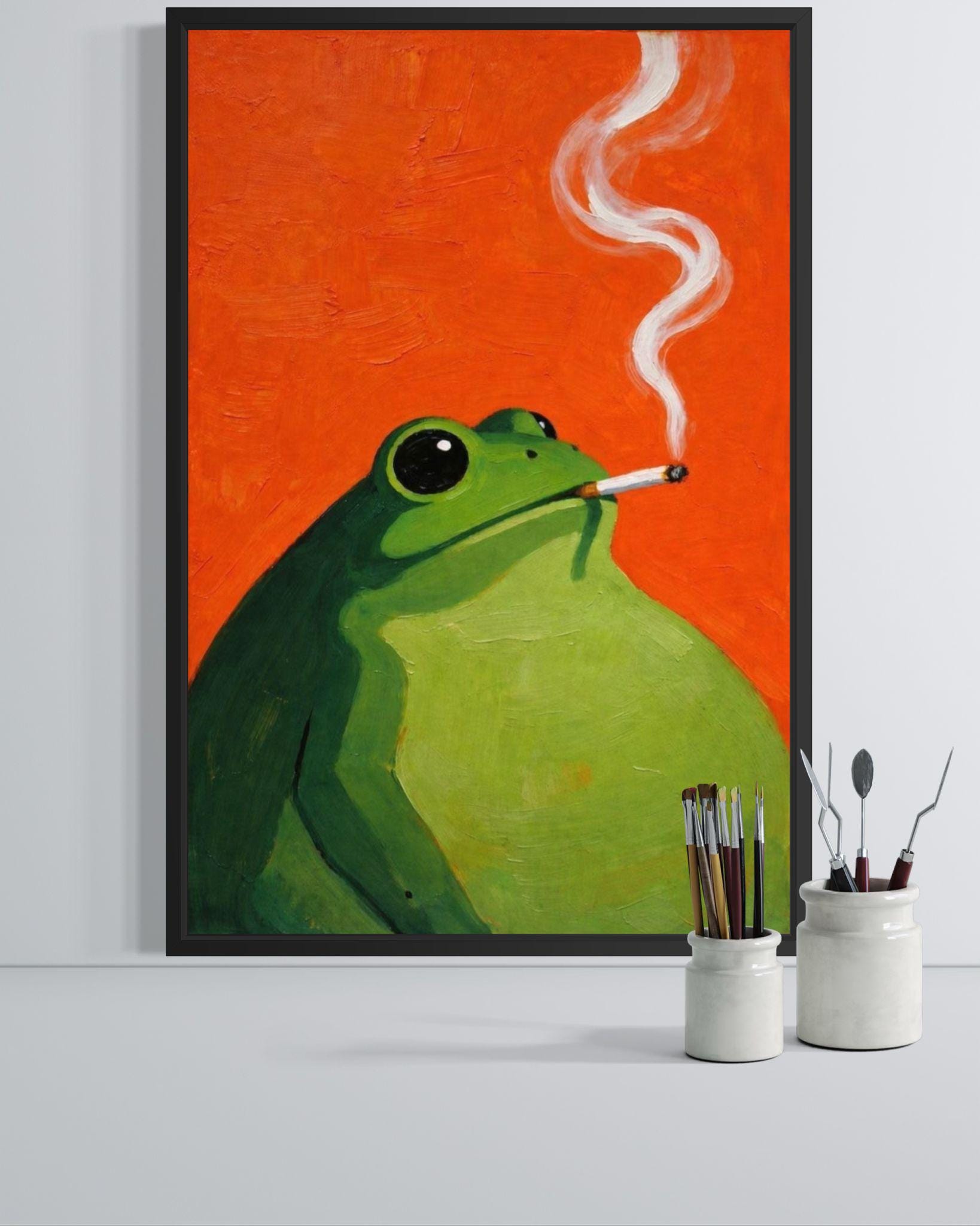 frog smoking cigarette a Vintage Poster Art Retro Whimsical Print Funny Animal Wall Decor Poster for Bar Cart Quirky Kitchen Wall Art Cool frog smoking a cigarette