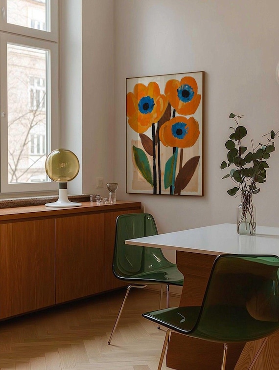 Original Abstract Floral Acrylic Painting, Mid Century Modern Botanical Wall Art